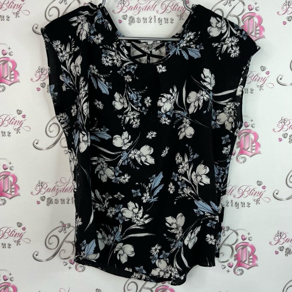Cleo top tank style criss cross Black and White Floral Blouse blue